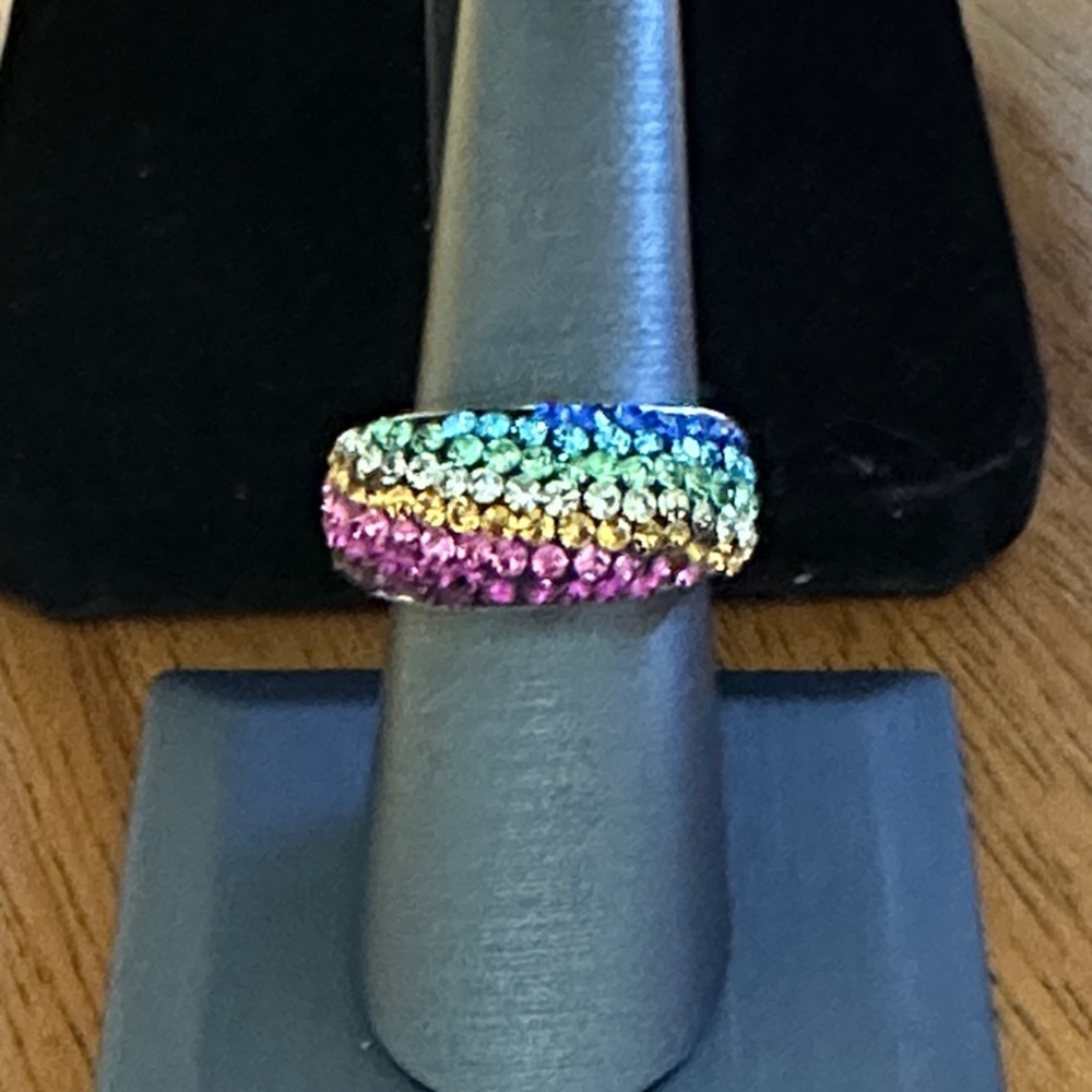 Multicolor Crystal Silvertone Band Ring by JCM. Made in Thailand. Brass.